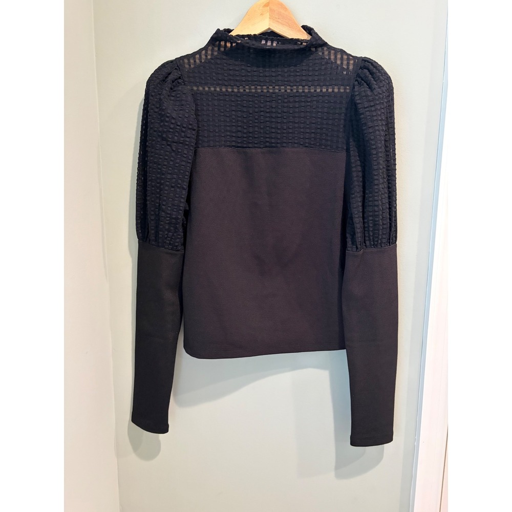 Maeve Anthropologie Black Mesh Puff Sleeve Mock Neck Top Small Mixed Media‎